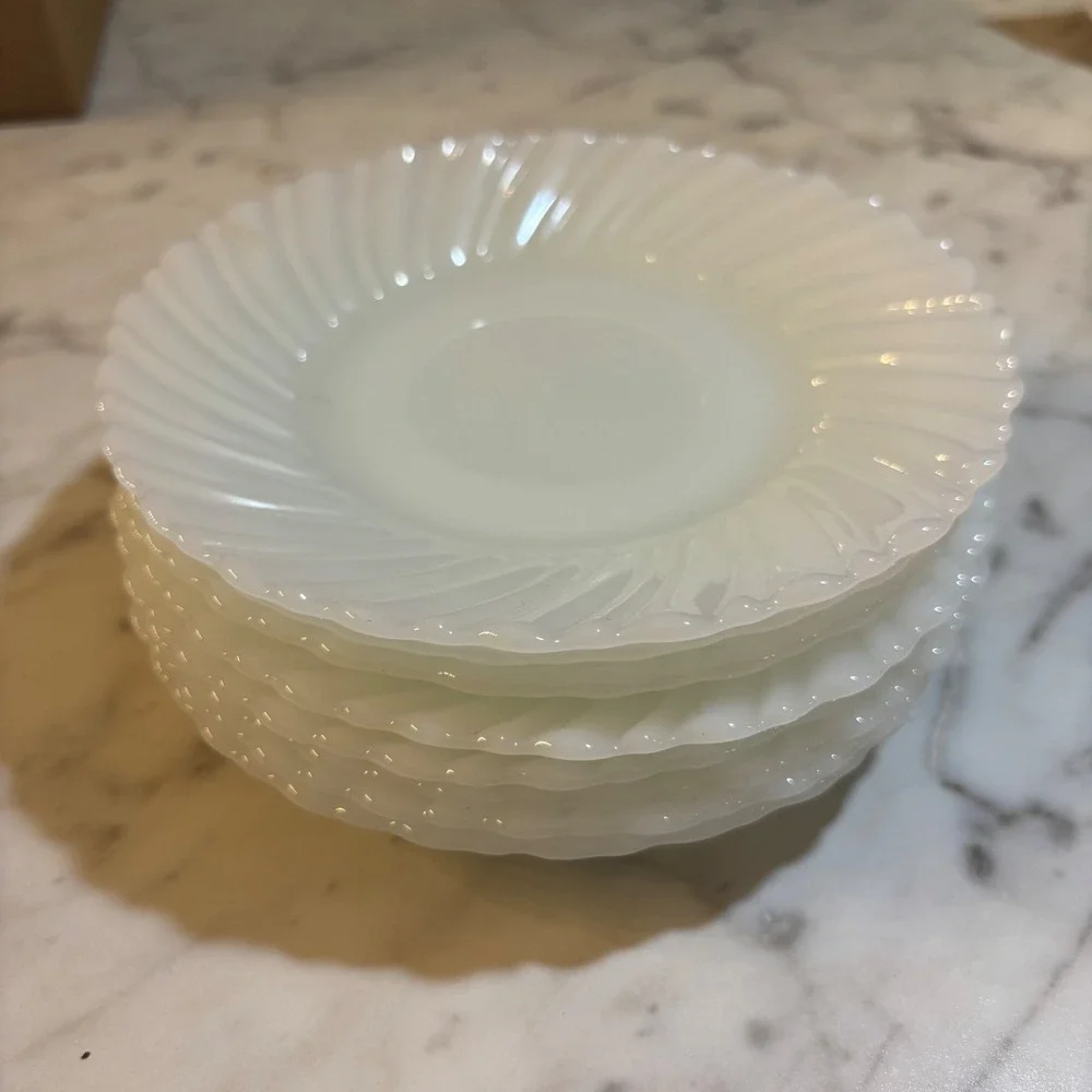 Vintage White Milk Glass Swirl Saucers Set of 8 Scalloped Edge Bread Plates 6in